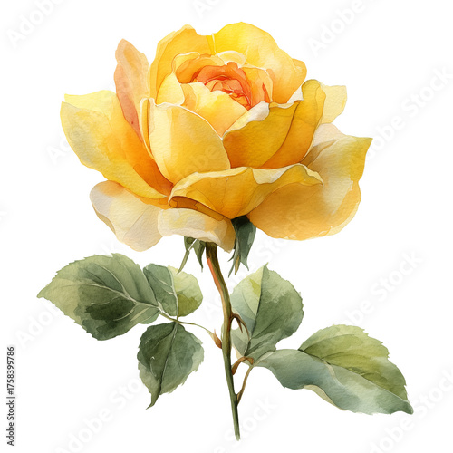 Watercolor yellow rose flower with green leaves and soft petals isolated on white background symbolizing joy friendship and happiness