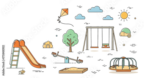 Children's Playground Elements Slide, Swings, and More for Playtime and Outdoor Fun