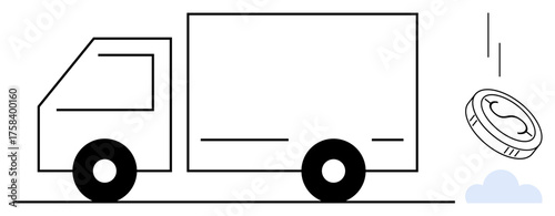 Delivery truck beside falling coin emphasizing transport expenses or logistics budgeting. Ideal for logistics, finance, efficiency, e-commerce, transportation, strategy, business planning. Simple