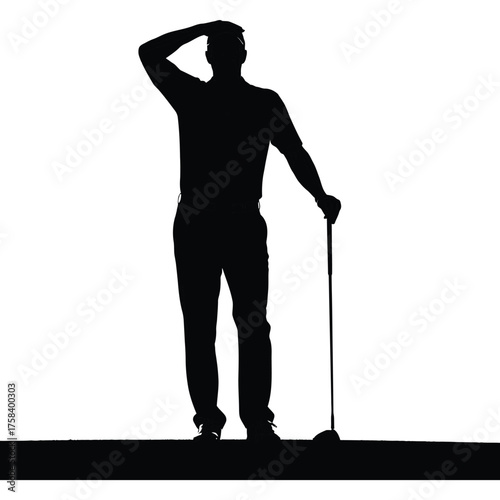 Silhouette of a golfer standing with hand on head and golf club on a white background