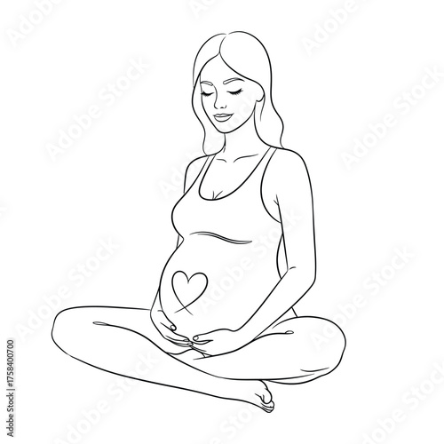 Line art of a pregnant woman in a tank top sitting cross legged with a heart on her belly outline silhouette