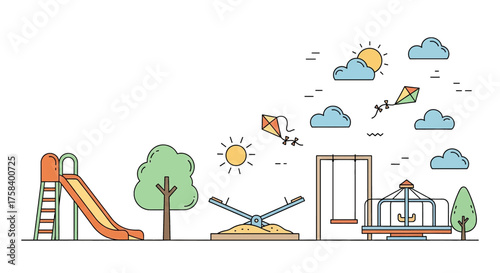 A charming illustrated scene of a park playground with a slide, swing set, roundabout, sandbox, and kite flying in the sunny sky with fluffy clouds