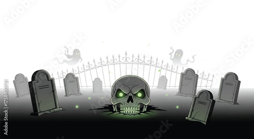 Glowing green skull with tombstones and a spooky fence in a haunted graveyard on Halloween night.