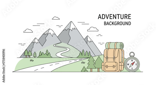 Adventure background illustration with mountains, road, backpack, and compass, vector design
