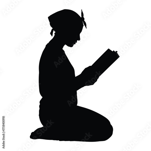 Silhouette of a woman kneeling and reading a book with a headscarf on a white background