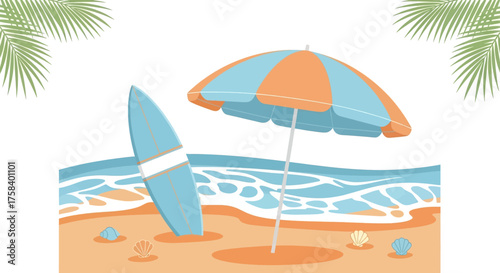 A vibrant beach scene with a surfboard and umbrella, showcasing the perfect summer vacation atmosphere and seaside relaxation