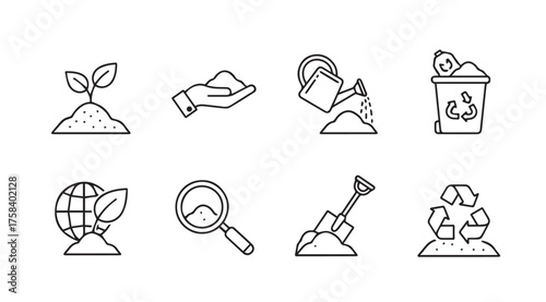 Set of eight environmental icons depicting gardening planting conservation sustainability and recycling themes vector