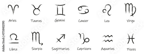 Vector Chalk texture Zodiac signs set isolated white backgorund. Perfect Chalk textured Zodiac symbols for astrology poster banner social media and web.