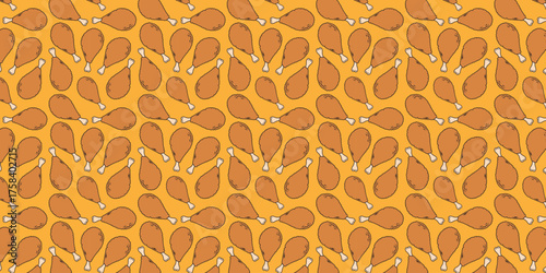 A delectable seamless pattern of golden-brown fried chicken drumsticks, perfect for culinary backgrounds, food packaging, and restaurant branding