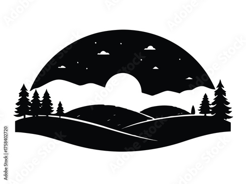 Vector art of silhouette of a serene night landscape with trees and hills