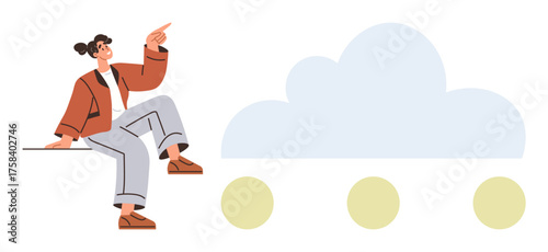Person sitting and pointing at a cloud with three circles beneath, symbolizing technology, vision, creativity, or idea generation. Ideal for technology, progress, leadership, teamwork cloud