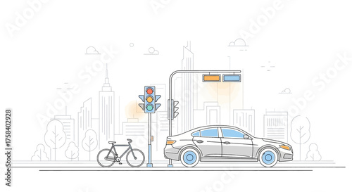 Line art illustration of urban transport, a car and a bicycle waiting at a traffic light on a city street with a modern skyline background