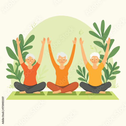 Illustration of three seniors joyfully practicing yoga together in a studio, sitting on mats with arms raised, promoting active and healthy aging.   , vector style simple color