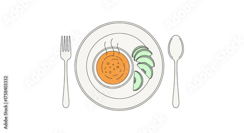 Top view illustration of a healthy breakfast bowl with hot soup or porridge and fresh kiwi slices on a plate with fork and spoon