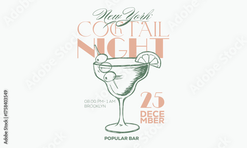 New york cocktail night. Summer print. Let's party artwork. Olive drink artwork for for t-shirt.