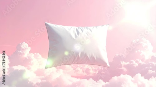 Dreamy white pillow floats serenely amidst soft pink clouds, evoking comfort, rest, and peaceful slumber in a surreal sky.