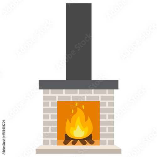 Modern fireplace with burning fire. Indoors chimney, modern fireside, heating system. Winter season leisure. Hand drawn vector illustration