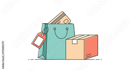 E-commerce and Online Shopping Experience Concept with Secure Payment and Convenient Delivery. Modern Vector Illustration for Digital Retail and Consumer Goods Purchases