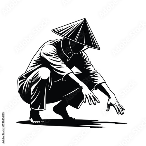 Illustration of a person crouching wearing a conical hat in black and white artwork style silhouette