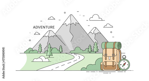 Adventure Awaits Explore the Mountains with Backpack, Compass, and Open Road - Travel Concept