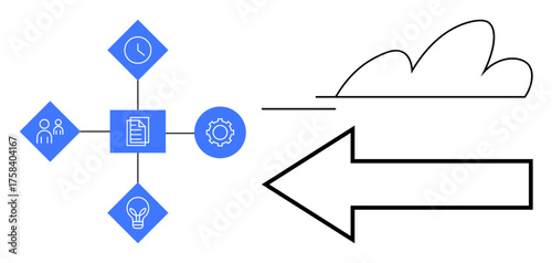 Geometric diagram with team, clock, document, gear, bulb icons linked in a network, next to a cloud and arrow symbol. Ideal for organization, strategy, planning process analytics teamwork