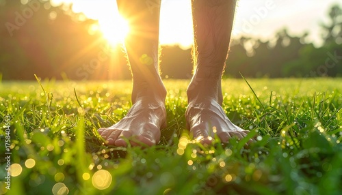 Barefoot serenity soaking up the morning sun on dew-kissed green grass, embracing natural connection and refreshing outdoor wellness