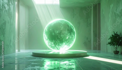 Mysterious glowing green energy sphere radiating light in a minimalist architectural space, illuminated by shafts of sunlight, symbolizing innovation and conceptual science