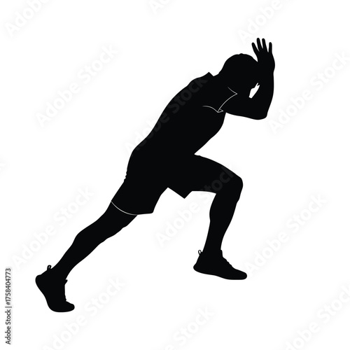 Silhouette of a man in athletic stance with hands up ready to push against something unseen object