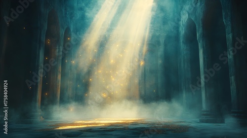 Mystical light beams illuminate an ancient temple interior with atmospheric fog