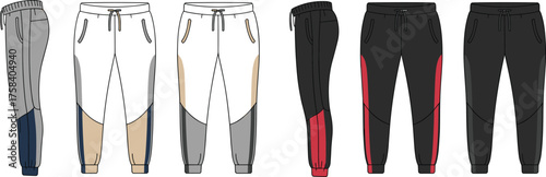 Men’s jogger pants vector template, color block sweatpants front side back view fashion flat sketch with drawstring waistband