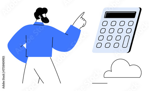 Person gesturing towards a digital calculator, showcasing emphasis on calculation, budgeting, finance, accounting, decision-making, money management. Ideal for finance, education planning analysis