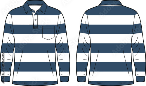Striped long sleeve rugby polo shirt front and back view, casual fashion apparel flat sketch with collar and pocket design