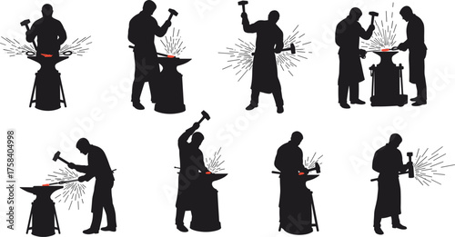 Blacksmith forging metal silhouette set, worker hammering hot steel on anvil with sparks, industrial craftsmanship vector illustration design