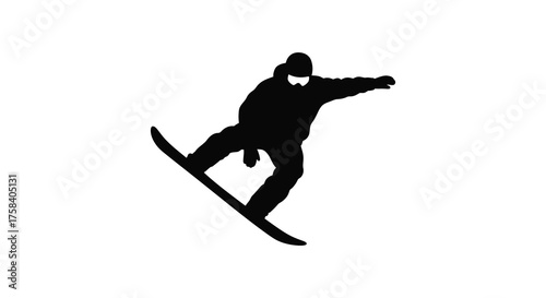 Dynamic silhouette of a snowboarder performing a trick on a white background in a bold graphic style silhouette