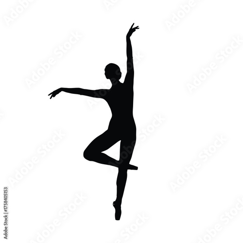 Silhouette of a ballerina in a graceful pose with one arm raised and one leg extended out wide
