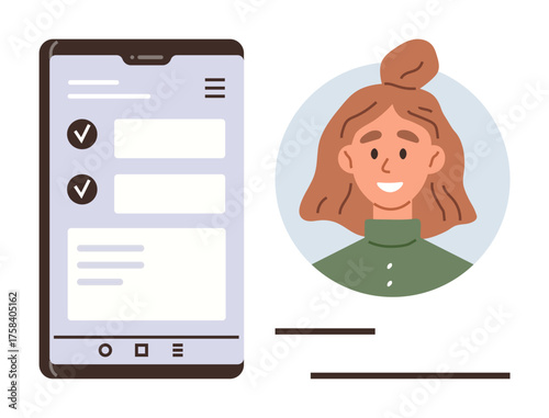 Mobile screen with checklist items and a female avatar in a circular placeholder. Ideal for user interface, task management, profile creation, app design, communication, teamwork, project planning