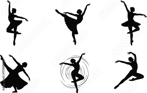 Ballet dancer silhouette performing elegant dance poses, classical ballet art concept, graceful movement expression, performing arts illustration, flat vector design