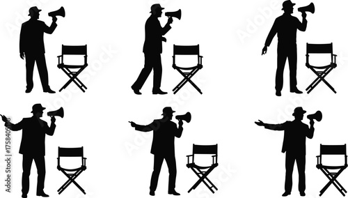 Film director silhouette with megaphone and chair, movie production concept, filmmaking art, cinema control scene, flat vector illustration design
