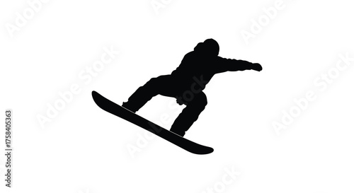 Dynamic silhouette of a snowboarder performing a jump and trick against a clean white background