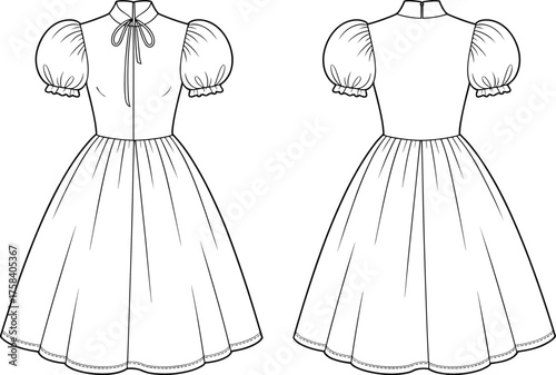 Cad drawing flat vector illustration, technical puff sleeve dress design front and back view, fashion template, apparel mockup, flared midi sketch