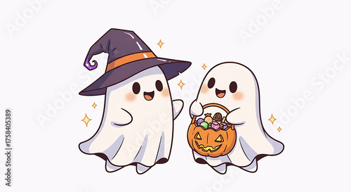 Cute Halloween Ghosts with Witch Hat and Pumpkin Basket on White Background