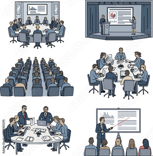  Create a kinds of deferent Meetings, conferences, presentations vector art with white background..
