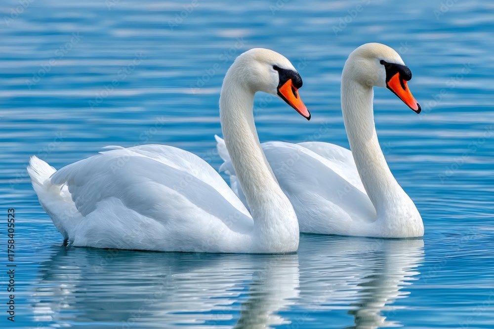 Fototapeta premium Pair of mute swans swimming together on blue water