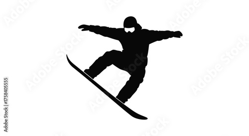 Dynamic silhouette of a snowboarder performing a jump and trick with arms outstretched against a white background silhouette