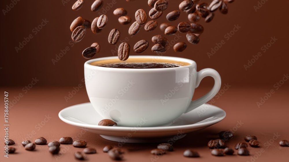 Obraz premium White coffee cup with a white saucer is filled with coffee and has a lot of coffee grounds on the saucer