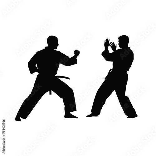Two silhouetted figures in karate stances facing each other on a white background image view