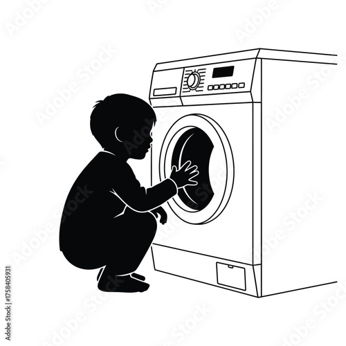 Silhouette of a child crouching and touching the door of a front loading washing machine unit
