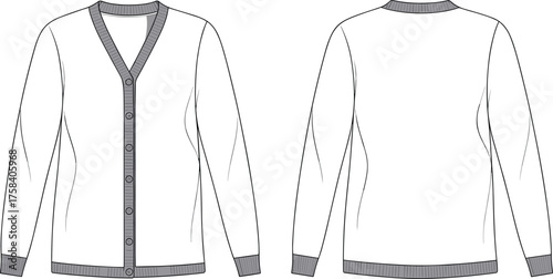 Cardigan sweater flat sketch, technical fashion drawing, vector illustration with front and back view, knitwear apparel design, cad drawing flat vector illustration