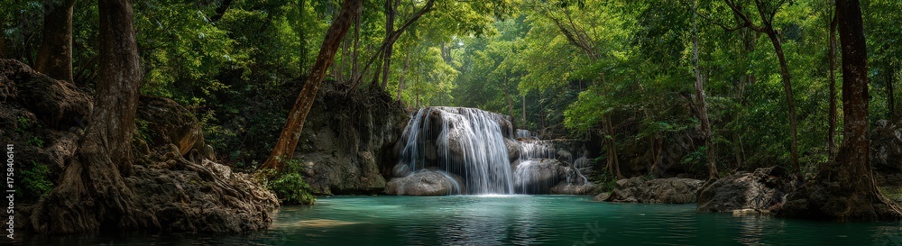 Fototapeta premium Lush Green Forest Waterfall and Turquoise Pool Under Sunlight Panoramic View