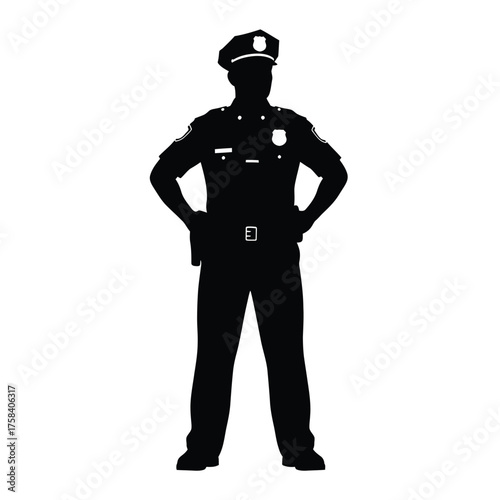 Silhouette of a police officer in uniform with hands on hips standing at attention posture